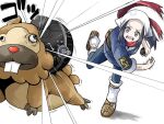  1girl akari_(pokemon) bidoof black_hair black_sash blue_kimono blue_pants brown_sandals buck_teeth bulging_eyes commentary_request full_body galaxy_expedition_team_survey_corps_uniform gigaton_ball headscarf highres holding holding_poke_ball in_the_face injury japanese_clothes kimono long_hair majunia obi pain pants poke_ball pokemon pokemon_(creature) pokemon_legends:_arceus pouch red_scarf sandals sash scarf sidelocks simple_background socks standing standing_on_one_leg teeth throwing throwing_poke_ball veins white_background white_headscarf white_socks 
