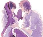  2boys aged_down aso_lago black_hair child closed_eyes commentary_request from_side himuro_tatsuya kuroko_no_basuke looking_at_another male_focus multiple_boys murasakibara_atsushi open_mouth oversized_jacket pants purple_hair shirt short_hair simple_background sitting standing white_background white_shirt 