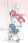  blue_hair curtains hanasaki_tsubomi heartcatch_precure! iwami_shouko kurumi_erika long_hair multiple_girls multiple_monochrome myoudou_gakuen_middle_school_uniform peeking pink_eyes pink_hair precure school_uniform sketch translated 