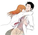  1boy 1girl arms_around_neck black_hair black_pantyhose blush brown_hair closed_eyes commentary_request couple embarrassed hetero hug lab_coat long_hair long_sleeves necktie nervous_sweating okabe_rintarou pantyhose red_necktie short_hair short_shorts shorts simple_background smile sweat tetsu10ru white_background 