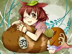  :3 animal_ears bloomers blush bottle brown_eyes brown_hair futatsuiwa_mamizou glasses leaf leaf_on_head one_eye_closed open_mouth oyuki_(otozuki_mozuku) raccoon_ears raccoon_tail sandals short_hair skirt smile solo tail tail_hug touhou underwear 