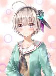  1girl absurdres ahoge ayaro_(genkiloobaii) black_flower black_hairband black_neckerchief black_ribbon black_rose blunt_bangs blush closed_mouth commentary eyelashes eyes_visible_through_hair flower frown green_jacket grey_hair hair_between_eyes hair_flower hair_ornament hair_ribbon hairband heaven_burns_red highres huge_ahoge jacket long_sleeves looking_at_viewer minase_sumomo neckerchief open_clothes open_jacket pink_background purple_eyes purple_ribbon ribbon rose sailor_collar shirt short_hair simple_background solo split_mouth upper_body white_sailor_collar yellow_shirt 