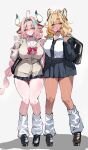  2girls absurdres ahoge animal_ear_fluff animal_ears aqua_hair b-shi bag bell black_cardigan black_shoes black_skirt blonde_hair blowing_bubble_gum blush braid breasts brown_shoes cardigan chewing_gum choker commentary_request cow_ears cow_girl cow_horns cowbell dark-skinned_female dark_skin full_body genshin_impact green_eyes grey_background hair_between_eyes hairband highres horns jaguar_ears jaguar_girl large_breasts leg_warmers loafers long_hair looking_at_viewer medium_hair multicolored_hair multiple_girls necktie open_cardigan open_clothes pink_hair purple_eyes red_ribbon ribbon school_bag school_uniform shirt shoes single_braid skirt smile streaked_hair twin_braids varesa_(genshin_impact) waving white_leg_warmers white_shirt xilonen_(genshin_impact) yellow_cardigan 
