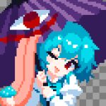  1girl ;p blue_hair blue_vest checkered_background commentary_request highres holding holding_umbrella juliet_sleeves karakasa_obake long_sleeves looking_at_viewer one_eye_closed pixel_art puffy_sleeves red_eyes shirt short_hair solo takeez3 tatara_kogasa tongue tongue_out touhou umbrella upper_body vest 