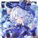  1girl ;d absurdres ahoge ascot asymmetrical_gloves black_gloves blue_ascot blue_eyes blue_gem blue_hat blue_jacket blue_pupils blush chinese_commentary commentary_request copyright_name drop-shaped_pupils furina_(genshin_impact) gem genshin_impact gloves hair_between_eyes hands_up hat highres jacket long_sleeves ly_liuyue_y one_eye_closed open_mouth ouji_fashion smile solo surintendante_chevalmarin symbol-shaped_pupils uneven_gloves upper_body white_gloves white_hair 