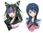  2girls black_hair black_nails black_sailor_collar blue_eyes blue_hair blue_sailor_collar blue_streaks closed_mouth commentary_request danganronpa:_trigger_happy_havoc danganronpa_(series) danganronpa_2:_goodbye_despair ear_piercing eyelashes face_piercing fingernails hair_horns hair_ornament hairclip highres index_fingers_together kurata_(user_tzzm8274) long_hair maizono_sayaka mioda_ibuki mouth_piercing multicolored_hair multiple_girls nail_polish open_mouth piercing pink_eyes pink_hair pink_streaks sailor_collar simple_background smile streaked_hair sweatdrop teeth upper_teeth_only white_background white_hair 