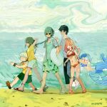  2girls 4boys ^^^ ahoge animal_collar anklet arms_behind_back arms_behind_head bare_arms bare_shoulders bikini black_hair black_pants blue_bikini blue_hair blue_tail blush_stickers breasts brown_sandals chain chain_leash character_request cleavage closed_mouth collar collared_shirt copyright_request criss-cross_halter cuffs dated day fins fish_tail from_side frown glasses green_hair green_male_swimwear green_tank_top grey_shirt hair_ornament hairclip halterneck height_difference high_collar highres holding holding_leash jewelry leaf_print leash loafers male_swimwear medium_hair mermaid monster_girl multiple_boys multiple_girls nengo ocean opaque_glasses open_clothes open_shirt orange_sandals outdoors pants pointy_nose ponytail print_male_swimwear red_bikini round_eyewear sandals shackles shadow shell shell_bikini shirt shoes shore short_male short_ponytail short_sleeves sleeveless sleeveless_shirt splashing striped_clothes striped_shirt sunglasses swimsuit t-shirt tail tank_top toes vertical-striped_clothes vertical-striped_shirt walking water_drop white_hair white_sandals white_shirt white_shoes yellow_shirt 