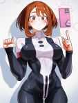  1girl absurdres black_bodysuit blush_stickers bodysuit boku_no_hero_academia breasts brown_eyes brown_hair cellphone commentary_request covered_navel highres large_breasts looking_at_viewer multicolored_bodysuit phone short_hair solo spanish_commentary two-tone_bodysuit uraraka_ochaco vlizz white_bodysuit zero_gravity 
