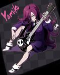  character_name dress gakkou_no_kowai_uwasa:_hanako-san_ga_kita!! galibo guitar highres instrument long_hair purple_eyes purple_hair sitting skull solo very_long_hair yamiko-san 