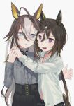  2girls absurdres ahoge animal_ears arms_around_neck black_pants black_ribbon black_skirt blonde_hair blue_eyes blush brown_hair closed_mouth collared_shirt colored_inner_animal_ears commentary_request dream_journey_(casual)_(umamusume) dream_journey_(umamusume) ear_ornament glasses grey_hair grey_shirt hair_between_eyes heads_together high-waist_pants highres horse_ears horse_girl horse_tail hug long_sleeves midriff_peek multicolored_hair multiple_girls neck_ribbon open_mouth pants parted_lips ponytail purple_eyes ribbon round_eyewear shirt shunka_shuto simple_background skirt smile stay_gold_(umamusume) tail twitter_username umamusume upper_body white_background white_shirt 