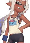  1girl armpits bare_shoulders bike_shorts black_shorts blush braid breasts collarbone commentary_request cowboy_shot dark-skinned_female dark_skin eye_mask gradient_hair grey_eyes grey_hair hand_on_own_hip highres inkling inkling_girl inkling_player_character long_hair looking_at_viewer mask midriff_peek multicolored_hair open_mouth pointy_ears short_eyebrows shorts single_braid small_breasts smile solo splatoon_(series) splatoon_3 sports_bra spotted_hair suction_cups sweatband tank_top tentacle_hair white_background white_hair white_tank_top zendoundo 