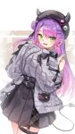  1girl absurdres beret black_hat black_skirt colored_inner_hair commentary_request demon_girl demon_tail fang grey_sweater hair_bun hair_ornament hairpin hat highres hololive long_hair looking_at_viewer multicolored_hair official_alternate_costume open_mouth piercing pink_hair pink_streaks pointy_ears purple_hair shirt skin_fang skirt sleeves_past_fingers sleeves_past_wrists smile solo streaked_hair sweater tail tail_ornament tail_piercing thigh_strap tokoyami_towa tokoyami_towa_(jirai_kei) u_da_desu very_long_hair virtual_youtuber white_shirt x_hair_ornament 