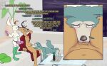 absurd_res amputee anthro beastars blush canid canine canis clothing comic deer dialogue disability female group haru_(beastars) hi_res lagomorph legoshi_(beastars) legwear leporid looking_at_viewer louis_(beastars) male male/female male/male mammal nude oral rabbit robe robe_only stockings strapon submissive submissive_male tenge_mage text trio wolf