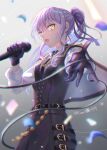  1girl artist_name bang_dream! belt black_belt black_necktie breasts cable collar commentary_request earrings gloves gold_collar gradient_background grey_eyes grey_hair highres holding holding_microphone jewelry long_hair long_sleeves looking_at_viewer microphone minato_yukina monochrome_background music necktie open_mouth petals ponytail rose_petals shih_lion shirt singing small_breasts solo teeth upper_teeth_only white_gloves white_shirt yellow_eyes 