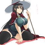  arm_support black_hair black_legwear bow breast_squeeze breasts brown_eyes cape frills hat kagari_ayaka large_breasts long_hair momio school_uniform shadow simple_background sitting skirt solo staff thick_thighs thighhighs thighs very_long_hair witch_craft_works witch_hat zettai_ryouiki 