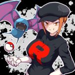  1girl bat_(animal) black_background black_hat black_shirt blue_skin breasts colored_skin evil_grin evil_smile fangs gloves grin hat highres hitofudegaki_usagi large_breasts open_mouth orange_eyes orange_hair poke_ball pokemon pokemon_(creature) pokemon_rgby purple_wings shirt short_hair smile team_rocket team_rocket_uniform white_gloves wings zubat 
