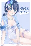  1girl birthday blue_eyes blue_hair breasts casual_one-piece_swimsuit cleavage commentary_request dated hair_ornament hair_ribbon hanamaruyama628 highres jewelry link!_like!_love_live! long_hair long_sleeves looking_at_viewer love_live! low_twintails medium_breasts murano_sayaka necklace one-piece_swimsuit ribbon sitting smile solo swimsuit twintails white_one-piece_swimsuit 