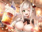  1girl alcohol animal_ears bar_(place) beer beer_mug breasts cleavage commentary_request cow_ears cow_girl cow_horns cup dress flower frilled_dress frills green_eyes grey_hair hair_flower hair_ornament highres holding holding_cup hololive horns indoors large_breasts looking_at_viewer mole mole_on_breast mug official_alternate_costume one_eye_closed open_mouth shirogane_noel shirogane_noel_(dirndl) smile solo u_da_desu virtual_youtuber white_dress 
