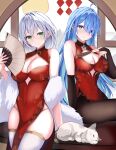  2girls absurdres ahoge animal animal_print bare_shoulders black_gloves black_pantyhose blue_eyes blue_hair blush breasts bridal_gauntlets butterfly_print cat china_dress chinese_clothes cleavage cleavage_cutout closed_mouth clothing_cutout commentary_request covered_navel cutout_above_navel dress elbow_gloves feather_boa floral_print folded_fan folding_fan from_side gloves green_eyes hair_between_eyes hair_intakes halter_dress halterneck hand_fan hand_up head_tilt highres holding holding_fan lacia large_breasts long_hair looking_at_viewer multiple_girls on_table original pantyhose pelvic_curtain print_dress red_dress round_window sitting sleeveless sleeveless_dress smile standing table thighhighs thighs very_long_hair white_cat white_hair white_thighhighs window 