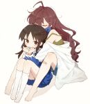  2girls ahoge bandaid bandaid_on_knee bandaid_on_leg bare_legs barefoot blue_bow blue_dress blue_shorts blush bow brown_eyes brown_hair clenched_hands closed_eyes coat dot_nose dress eyelashes hair_bow hair_ornament hairclip highres hug hug_from_behind ichinose_shiki idolmaster idolmaster_cinderella_girls idolmaster_cinderella_girls_u149 lab_coat long_hair long_sleeves messy_hair multiple_girls nendo23 no_shoes open_mouth shorts sidelocks sitting socks strap_slip sweat tachibana_arisu white_background white_coat white_socks 