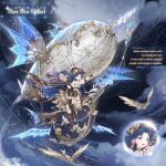  1girl aircraft artist_request asymmetrical_legwear black_choker black_pantyhose black_skirt blue_eyes blue_hair boots bow bracer breasts brown_boots brown_bow brown_hat character_name choker cleavage close-up cloud colored_tips copyright_logo crop_top dirigible dot_nose earrings english_text eyelashes feather_earrings feathers floating floating_hair four-pointed_star frilled_skirt frills full_body gold_earrings happy hat hat_feather hat_ornament holding holding_map jewelry knee_up layered_skirt light_blush light_particles logo long_hair looking_ahead map medium_skirt midriff miracle_nikki mismatched_legwear multicolored_hair night nikki_(series) non-humanoid_robot official_art open_mouth outdoors outline pantyhose parted_bangs pink_hair pirate_hat pointing pointing_forward puffy_short_sleeves puffy_sleeves robot robot_animal robot_bird see-through_clothes see-through_sleeves shirt short_sleeves skirt sky smile solo sparkle star_(sky) star_(symbol) star_choker star_hat_ornament star_sea_safari_(miracle_nikki) starry_sky steampunk striped_choker striped_clothes striped_pantyhose third-party_source v-shaped_eyebrows vertical-striped_clothes vertical-striped_pantyhose very_long_hair waist_bow wavy_hair white_outline white_pantyhose white_shirt white_skirt 