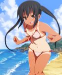  bare_shoulders beach bikini black_hair bow brown_eyes cloud collarbone day front-tie_top highres k-on! laco_soregashi long_hair nakano_azusa navel ocean one-piece_tan open_mouth outdoors ribbon round_teeth solo swimsuit tan tanline teeth twintails 