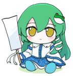  1girl azuma_meri bare_shoulders blue_shoes blue_skirt blush closed_mouth collared_shirt commentary_request detached_sleeves frog_hair_ornament full_body fumo_(doll) gohei green_hair hair_ornament highres holding holding_gohei kochiya_sanae long_hair shirt shoes simple_background single_sidelock sitting skirt sleeveless sleeveless_shirt smile snake_hair_ornament solo touhou white_background white_shirt white_sleeves wide_sleeves yellow_eyes 