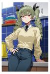  1girl absurdres alternate_costume anchovy_(girls_und_panzer) arm_support black_bow black_necktie black_pants bow closed_mouth collared_shirt denim drill_hair girls_und_panzer hair_bow hand_on_own_hip hashtag-only_commentary highres indoors jeans kitchen looking_at_viewer necktie pants red_eyes shirt solo sweater tamusuguru twin_drills white_shirt yellow_sweater 