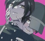  2boys baseball_cap blush collared_jacket commentary_request danganronpa_(series) danganronpa_v3:_killing_harmony dutch_angle eyelashes gakuran greyscale_with_colored_background hands_on_another's_face hat jacket looking_to_the_side lower_teeth_only male_focus moi_(arararcrc) multiple_boys oma_kokichi one_eye_covered open_mouth pink_background pinstripe_jacket pinstripe_pattern ringed_eyes saihara_shuichi school_uniform sideways_glance simple_background smile sweat teeth 