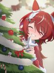  1girl absurdres animal_ears blush capelet christmas christmas_ornaments christmas_tree closed_eyes commentary_request dress ear_covers ear_ornament feather_hair_ornament feathers fur-trimmed_capelet fur_trim grin hair_between_eyes hair_ornament highres holding horse_ears horse_girl long_hair looking_at_viewer mugi_mg317 open_mouth red_capelet red_dress red_hair santa_costume santa_dress smile solo textless_version twintails umamusume win_variation_(umamusume) 