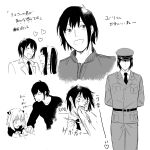  1boy 2girls :d ^_^ anya_(spy_x_family) arms_behind_back belt blush brother_and_sister child closed_eyes closed_mouth collared_shirt commentary_request expressionless greyscale hairband hairpods hat heart highres jacket long_hair military_uniform monochrome multiple_girls multiple_views necktie open_mouth pants peaked_cap shaded_face shirt short_hair siblings smile spy_x_family studying t-shirt tarutaruso3 teaching track_jacket translation_request uncle_and_niece vomiting yor_briar yuri_briar 