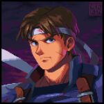  1boy belt blood blood_on_clothes blood_on_face blue_eyes brown_hair castlevania:_rondo_of_blood castlevania_(series) headband highres male_focus nerkinpixel pixel_art popped_collar portrait richter_belmont scratches serious short_hair solo white_headband 