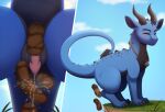 alenn blue_body blush bodily_fluids claws cliff crouching dinoalpaka dragon effort eyes_closed feces feral genital_fluids genitals hi_res horn jewelry male mythological_creature mythological_scalie mythology necklace necklace_only nude outside peeing penis pooping scalie solo urine