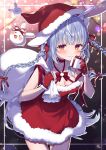  1girl absurdres alternate_costume animal_ear_fluff animal_ears blue_hair blurry blush bokeh braid breasts christmas cleavage collarbone commentary_request depth_of_field dress fur-trimmed_dress fur-trimmed_gloves fur_trim gift gloves grey_hair hair_ornament hat highres holding holding_gift holding_sack hololive long_hair looking_at_viewer mi_kamii2 multicolored_hair pekomon_(usada_pekora) rabbit_ears rabbit_girl red_dress red_eyes red_gloves red_hat red_ribbon ribbon sack santa_costume santa_dress santa_hat smile solo sparkle standing thick_eyebrows twin_braids two-tone_hair usada_pekora virtual_youtuber white_hair 