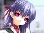  face game_cg hair_ribbon koisuru_otome_to_shugo_no_tate looking_at_viewer pink_eyes purple_hair ribbon sanada_setsuko senomoto_hisashi smile solo 