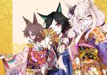  3girls ahoge animal_ears biwa_hayahide_(umamusume) black_hair blue_eyes blush bnw_(umamusume) braid brown_hair commentary_request ear_ornament eyeliner flipped_hair glasses hair_between_eyes hair_ornament half-closed_eyes hand_fan hand_up highres holding holding_fan horse_ears horse_girl horse_tail japanese_clothes kimono lips long_hair long_hair_between_eyes long_sleeves looking_at_viewer low-tied_long_hair makeup multiple_girls narita_taishin_(umamusume) one_eye_closed outstretched_arm red-framed_eyewear red_eyeliner red_eyes semi-rimless_eyewear short_hair sidelocks smile swept_bangs tail umamusume under-rim_eyewear watermark white_hair wide_sleeves winning_ticket_(umamusume) yellow_eyes youai_you 