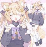  1girl :3 :d ahoge animal_ear_fluff animal_ears belt black_shoes black_sweater blonde_hair blush_stickers bow bowtie cat_ears cat_girl cat_tail closed_eyes commentary commission double-parted_bangs double_v facing_viewer full_body grey_skirt hair_between_eyes hair_intakes hands_up heterochromia highres indie_virtual_youtuber komerina long_hair long_sleeves looking_at_viewer miniskirt multiple_views open_mouth pink_eyes pleated_skirt purple_bow purple_bowtie purple_eyes shizukiya_kuroa shoes signature skeb_commission skirt smile socks sweater tail thigh_belt thigh_strap twitter_username v virtual_youtuber white_socks 