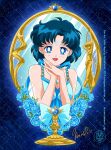  1girl anime_coloring bishoujo_senshi_sailor_moon blue_dress blue_eyes breasts choker cleavage crescent crescent_facial_mark dress earrings facial_mark forehead_mark heart instagram_username jewelry mercury_symbol mirror mizuno_ami necklace npo_art princess_mercury short_hair smile solo stud_earrings 