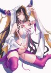  armpits bangs bare_shoulders black_hair blush breasts closed_mouth collarbone commentary_request detached_sleeves facial_mark fate/grand_order fate_(series) forehead_mark habit horns large_breasts long_hair looking_at_viewer navel parted_bangs pink_legwear purple_legwear revealing_clothes sakanasoko sesshouin_kiara sideboob smile solo stomach veil very_long_hair wavy_hair white_background yellow_eyes 