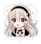  1girl :d black_hairband blush_stickers brown_hair chibi commentary_request cropped_torso female_corrin_(fire_emblem) fire_emblem fire_emblem_fates hair_between_eyes hairband kirishima_riona long_hair looking_at_viewer own_hands_together puffy_sleeves smile solo sparkle upper_body white_background 