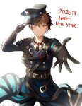  1boy 2026 absurdres arm_up belt black_belt black_gloves black_hat black_necktie brown_hair bug butterfly butterfly_(ensemble_stars!) closed_mouth collared_shirt commentary_request cowboy_shot crescent ensemble_stars! gloves hair_between_eyes happy_new_year hat highres kindo lapels looking_at_viewer male_focus morisawa_chiaki necktie notched_lapels outstretched_arm outstretched_hand red_eyes shirt short_hair simple_background smile solo watermark white_background 