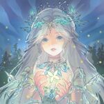  1girl beads blue_sky bug butterfly butterfly_hair_ornament choker circlet cloud dress eyelashes feiyunchan forest forest_ripple_(infinity_nikki) fur_choker green_butterfly green_dress green_eyes grey_hair hair_beads hair_ornament happy highres infinity_nikki jewelry lipstick long_hair long_sidelocks looking_at_animal makeup nature necklace night nikki_(series) outdoors parted_lips pine_tree pink_lips short_sleeves sidelocks sky smile solo tree upper_body very_long_hair wavy_hair white_choker 