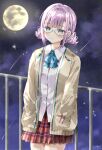  1girl ayaro_(genkiloobaii) blue_bow blue_bowtie blue_eyes blunt_bangs blush bow bowtie cardigan collared_shirt commentary cowboy_shot drill_hair eyelashes full_moon glasses hands_in_pockets heaven_burns_red highres higuchi_seika light_particles looking_at_viewer miniskirt moon night open_cardigan open_clothes outdoors parted_lips plaid_clothes plaid_skirt pleated_skirt purple_hair red_skirt round_eyewear shirt short_hair skirt sky solo star_(sky) starry_sky twin_drills white_shirt yellow_cardigan 