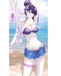  1girl absurdres alternate_costume arms_up beach bikini biting biting_clothes blue_sky blunt_bangs blush breasts choker cleavage cloud cloudy_sky commentary_request fan_hair_ornament genshin_impact hair_bun hair_up head_tilt highres jacket jewelry lifting_own_clothes long_sleeves looking_at_viewer medium_breasts mole mole_under_eye navel noxia-world ocean open_clothes open_fly open_jacket purple_eyes purple_hair raiden_shogun sand shorts sky solo standing stomach swimsuit thighlet toned toned_female upper_body water wide_sleeves 