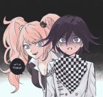 1boy 1girl bear_hair_ornament black_hair black_shirt blonde_hair blue_eyes breasts buttons checkered_clothes checkered_scarf choker cleavage collarbone danganronpa:_trigger_happy_havoc danganronpa_(series) danganronpa_v3:_killing_harmony enoshima_junko eyelashes flipped_hair hair_between_eyes hair_ornament hikombb long_hair long_sleeves multicolored_buttons necktie nervous_sweating oma_kokichi purple_eyes purple_hair scared scarf shirt short_hair simple_background smile speech_bubble sweat translation_request twintails two-tone_scarf upper_body wide-eyed 