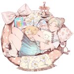  1girl blue_skirt blush book bow bracelet brown_hair commentary_request cookie crayon dessert earrings floral_print food food_print footwear_bow fruit_print hair_bun hairband headphones highres hoop_earrings hugging_object jewelry large_bow leg_warmers lying murashige_yuzuki on_back pillow pleated_skirt print_hairband sketchbook skip_to_loafer skirt sleeping solo strawberry_print stuffed_animal stuffed_toy tanzao tiered_tray unworn_headphones white_leg_warmers 