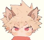  1boy animal_ear_fluff animal_ears bakugou_katsuki blonde_hair blush boku_no_hero_academia closed_mouth commentary_request dot_mouth dot_nose double-parted_bangs hair_between_eyes kemonomimi_mode looking_at_viewer male_focus portrait red_eyes short_hair simple_background solo spiked_hair tm_tm_g white_background 