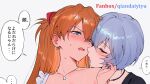  2girls artist_name ayanami_rei blue_hair blush choker closed_eyes collarbone commentary cropped earrings english_text frown half-closed_eyes hand_in_another's_hair heart heart_in_eye hug hug_from_behind imminent_kiss jewelry long_hair multiple_girls neon_genesis_evangelion nose_blush orange_hair paid_reward_available parted_lips portrait qiandaiyiyu short_hair simple_background souryuu_asuka_langley speech_bubble sweatdrop symbol_in_eye translation_request wavy_mouth white_background yuri 