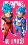  2boys absurdres armor art_jake blue_bodysuit blue_boots blue_eyes blue_hair blue_sash blue_shirt blue_wrist_cuffs bodysuit boots clenched_hands closed_mouth commentary dougi dragon_ball dragon_ball_super english_commentary english_text full_body gloves highres male_focus medium_hair multiple_boys muscular muscular_male orange_pants orange_shirt pants pink_background saiyan_armor sash shirt simple_background smirk son_goku spiked_hair standing super_saiyan super_saiyan_blue vegeta white_armor white_boots white_gloves wrist_cuffs 