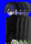  1boy arms_at_sides bandaid bandaid_on_face blue_background bouquet buttons danganronpa_(series) danganronpa_v3:_killing_harmony expressionless flipped_hair flower gakuran hair_between_eyes hashtag-only_commentary highres holding holding_bouquet jacket long_sleeves looking_down male_focus oma_kokichi oshioishii purple_eyes purple_hair school_uniform short_hair simple_background solo surreal twitter_username upper_body white_flower 